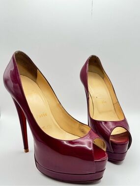 Christian Louboutin Palais Royal 140 Burgundy Patent Peep Toe Pumps Size 36.5